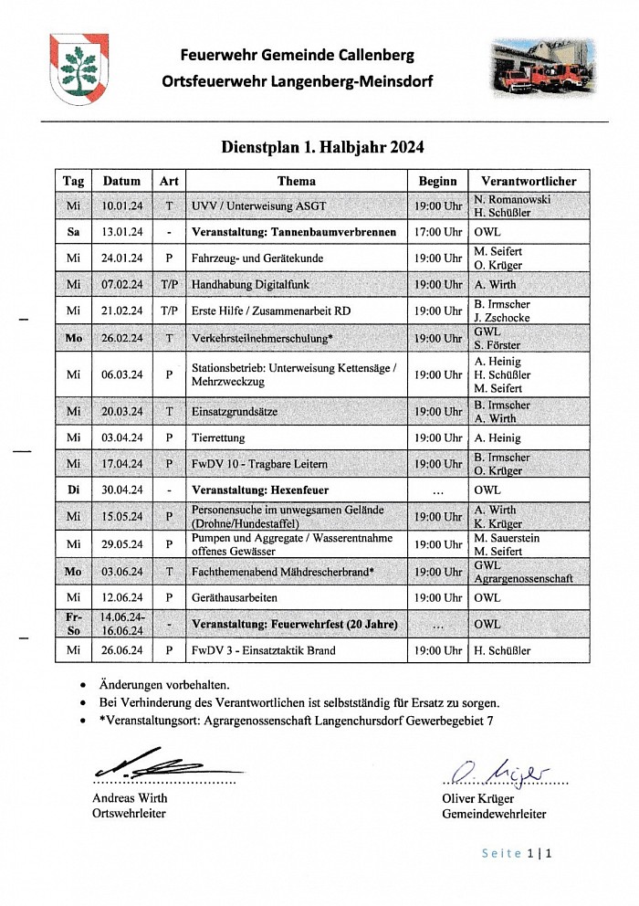 Dienstplan 2024 erstes Halbjahr, Ortsfeuerwehr Langenberg - Meinsdorf