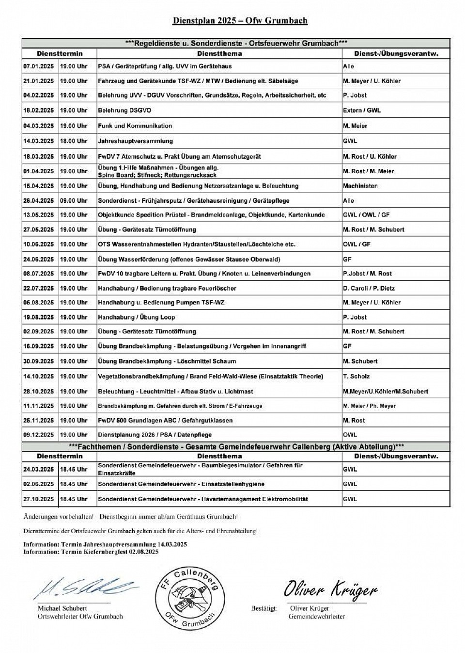 Dienstplan 2025, Ortsfeuerwehr Grumbach