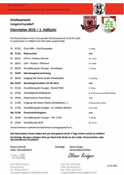 Dienstplan 2025 erstes Halbjahr, Ortsfeuerwehr Langenchursdorf