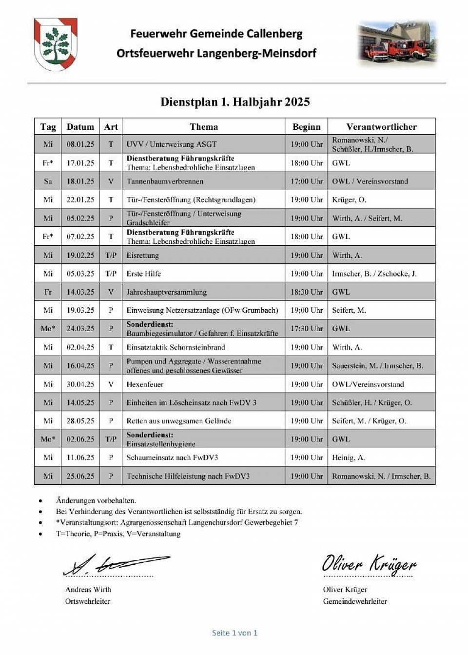 Dienstplan 2025 erstes Halbjahr, Ortsfeuerwehr Langenberg - Meinsdorf