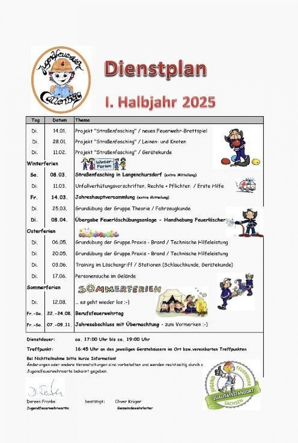 Dienstplan 2025 erstes Halbjahr, Jugendfeuerwehr Callenberg