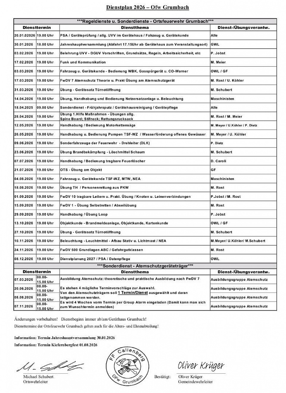 Dienstplan 2026, Ortsfeuerwehr Grumbach