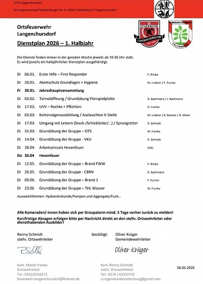 Dienstplan 2026 erstes Halbjahr, Ortsfeuerwehr Langenchursdorf