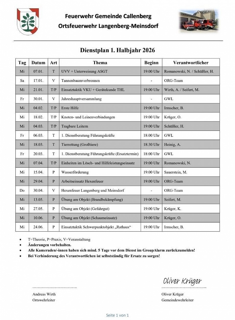 Dienstplan 2026 erstes Halbjahr, Ortsfeuerwehr Langenberg - Meinsdorf