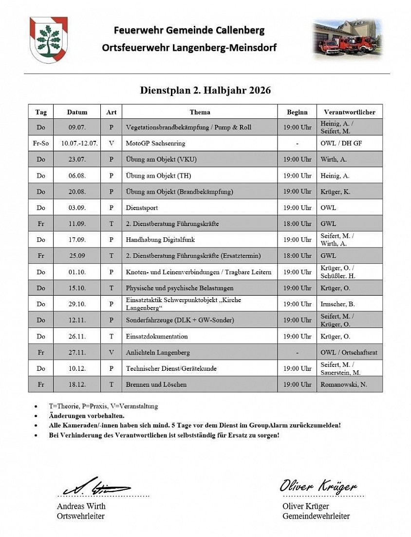 Dienstplan 2026 zweites Halbjahr, Ortsfeuerwehr Langenberg - Meinsdorf
