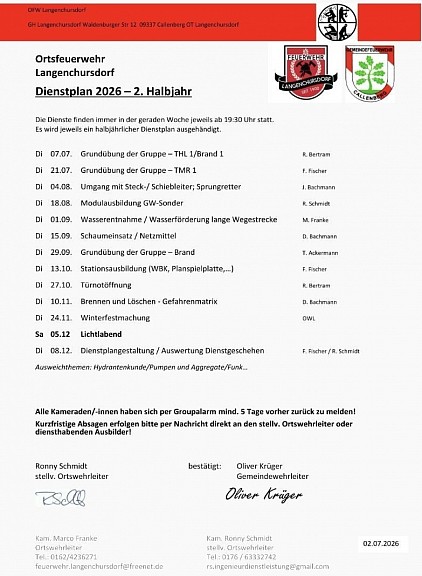 Dienstplan 2026 zweites Halbjahr, Ortsfeuerwehr Langenchursdorf
