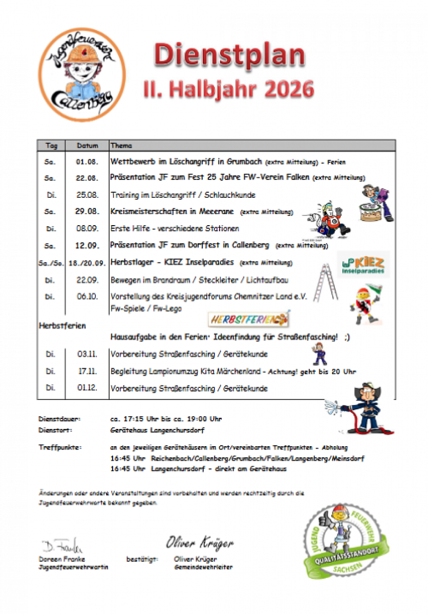 Dienstplan 2026 zweites Halbjahr, Jugendfeuerwehr Callenberg